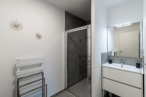 a bathroom with a shower and a sink and a mirror at L'eclat de Stagnola in Pietrosella