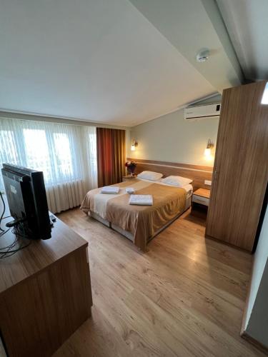 Aycan Sultan Apart Hotel في إسطنبول: غرفة فندقية بسرير وتلفزيون بشاشة مسطحة