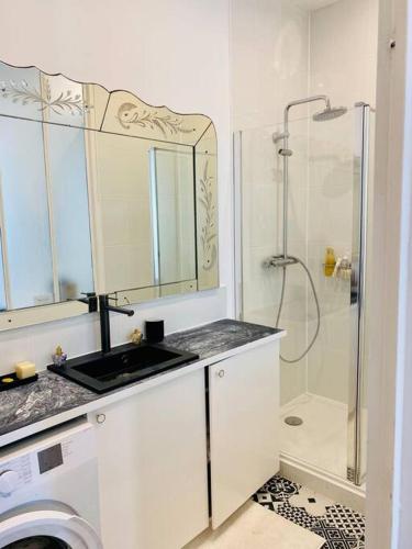 une salle de bain blanche avec un lavabo et une douche dans l'établissement ''Paul Va'' Superbe Loft Paul Valery, à Sète