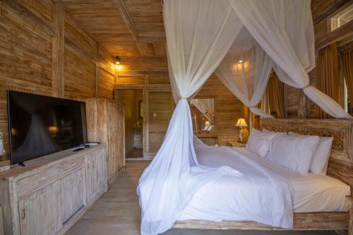 a bedroom with a bed and a television in it at Wana Shanti Villa in Bringkit