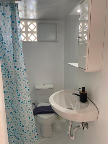 a bathroom with a white toilet and a sink at Elenitas Town house with Balcony and Sea View in Mýkonos City