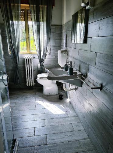 ein Bad mit einem WC, einem Waschbecken und einem Fenster in der Unterkunft Antica Compsa in Conza di Campania