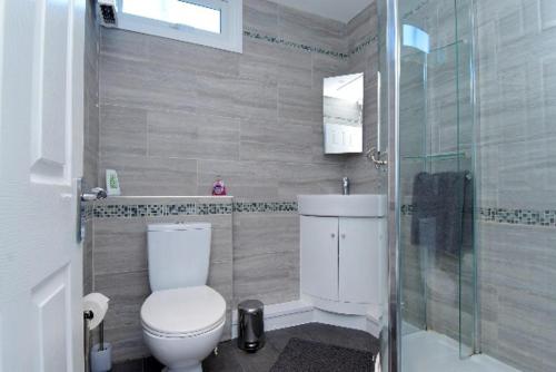 ein Bad mit einem WC, einem Waschbecken und einer Dusche in der Unterkunft Lovely 3 Bed Chalet Bridlington free electric in Bridlington