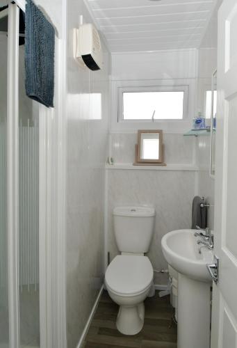 a white bathroom with a toilet and a sink at Pet friendly sleeps 3 Chalet Bridlington free elec in Bridlington