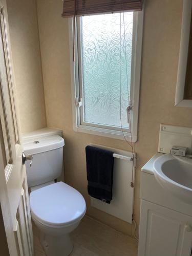 a bathroom with a toilet and a sink and a window at Beautiful 2-Bed Static caravan in Newton Stewart