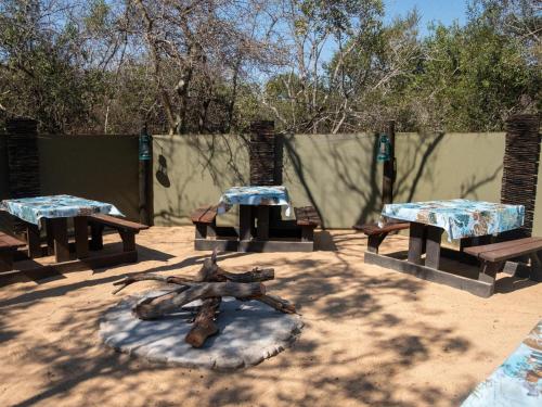 un grupo de mesas de picnic en un parque con árboles en African Sky Bush Camp, en Rabelaisruskamp