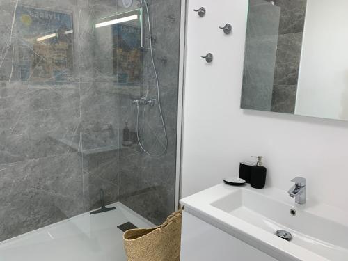 a bathroom with a shower and a sink at VUE SUR LES ILES D'OR in Hyères