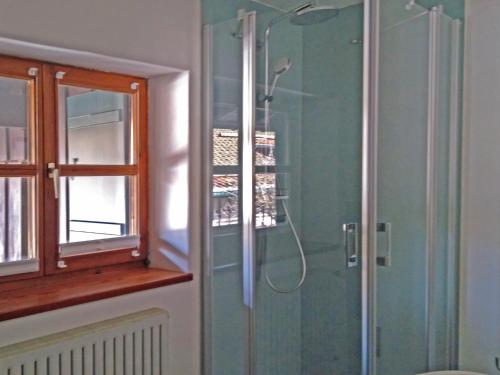 a bathroom with a shower with a glass door at Ferienwohnung Danner in Kiefersfelden