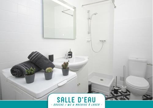 Baño blanco con lavabo y aseo en BRIANCON - SERRE CHEVALIER 1200 - Joli Appartement - Face aux Pistes en Centre Ville, en Briançon