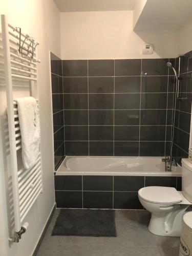 une salle de bain avec baignoire et toilettes dans l'établissement Résidence Neuve entre montagne et lac, à Aix-les-Bains