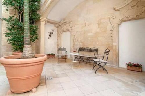 a large potted plant in a room with a table and chairs at Dimora Santangelo in Lecce