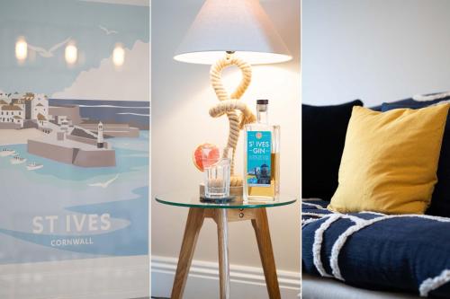 three different views of a room with a table with a lamp at Merlins in Hayle