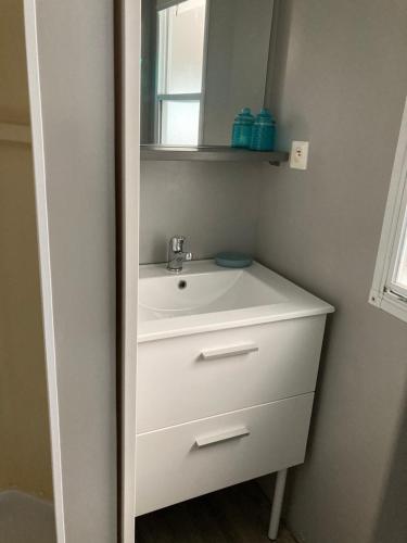 ein Badezimmer mit einem weißen Waschbecken und einem Spiegel in der Unterkunft Mobilhome TOUT CONFORT in Mimizan