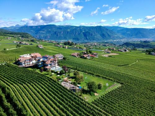 an aerial view of a vineyard and a house in a valley at DAS MATSCHER Residence & Garden Hotel in Appiano sulla Strada del Vino