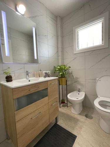 un bagno con lavandino, WC e specchio di Apartamento Garza Blanca a Bajamar