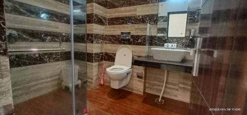 a bathroom with a toilet and a sink at Hotel Forest View Dalhousie, Banikhet in Dalhousie