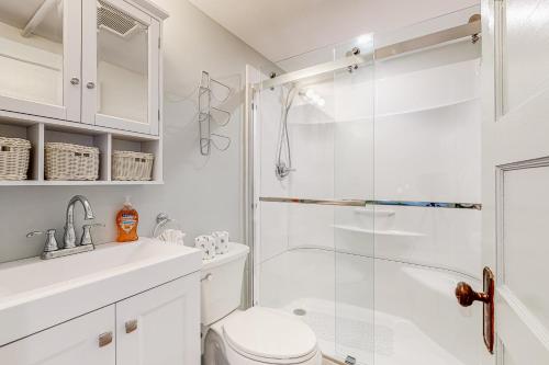 a bathroom with a shower and a toilet and a sink at Ogunquit Beach Lookout in Ogunquit