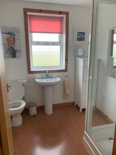 La salle de bains est pourvue de toilettes, d'un lavabo et d'une fenêtre. dans l'établissement Sineag's Cottage, à Pollachar