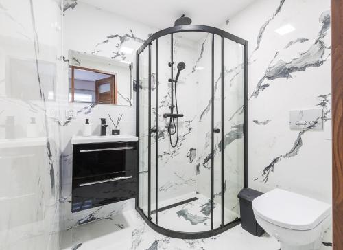 La salle de bains est pourvue d'une douche et de toilettes. dans l'établissement APARTAMENTY W BIESZCZADACH, à Berezka