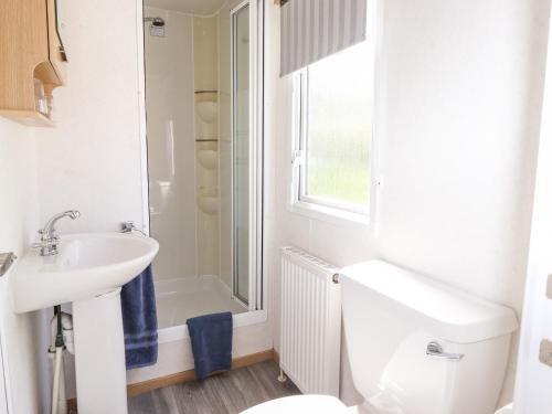 a bathroom with a toilet and a sink and a shower at The Maples in Millom