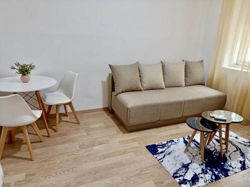 een woonkamer met een bank en een tafel bij Center Studio Apartment Podgorica in Podgorica