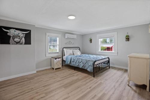 a bedroom with a bed and two windows at Charming 4 bedroom farmhouse with large backyard for entertaining in Mountain City