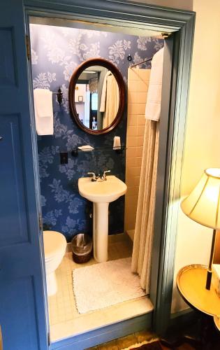 a bathroom with a sink and a toilet and a mirror at General Warren in Malvern
