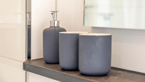 zwei Vasen auf einer Theke im Bad in der Unterkunft Ferienwohnung Seeblick mit Blick auf die Alpen in Wasserburg