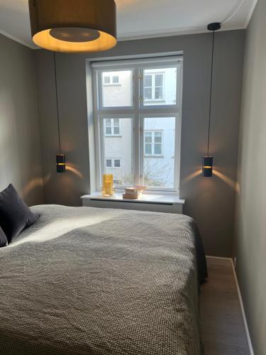 1 dormitorio con cama y ventana en Luxury new apartment - Heart of Copenhagen, en Copenhague