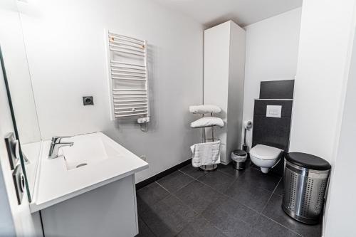 une salle de bain blanche avec un lavabo et des toilettes dans l'établissement Wonder Appart' 1.2 - Coeur de ville -, à Toulouse