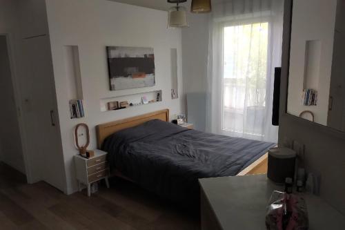 a bedroom with a bed and a mirror and a window at Appartement Cosy et Moderne Puteaux Paris La Defense in Puteaux