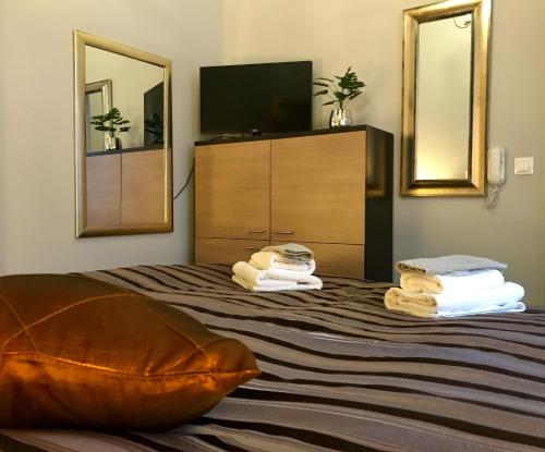 Brno center whirlpool apartment في برنو: غرفة نوم بسرير مع تلفزيون ومرايا