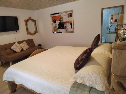 um quarto com uma cama, um sofá e uma televisão em Aparta Suite Villa Roko em San Andrés
