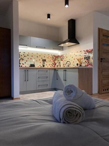 kuchnia z łóżkiem z ręcznikiem w obiekcie Rezydencja pod Cergową Wellness & SPA w mieście Dukla