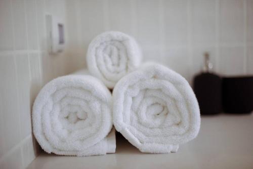 2 asciugamani avvolti intorno a un WC in bagno di Tavor zimmer אירוח כפרי מול נוף תבור a Daverat