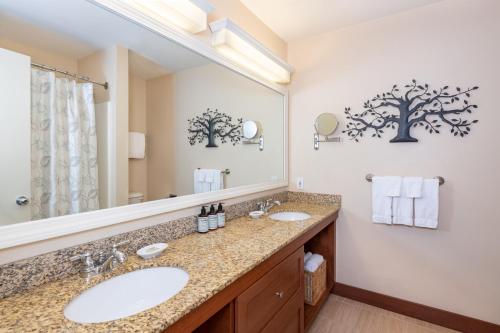 uma casa de banho com 2 lavatórios e um espelho grande em Grand Summit Resort em Dover