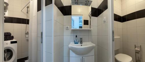 uma casa de banho branca com um lavatório e um WC em Stan Na Dan Vrsac 1 em Vršac