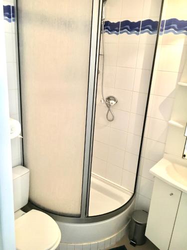 une salle de bain avec douche et toilettes dans l'établissement Appartement T2 Carnon ouest/Palavas plage, à Palavas-les-Flots