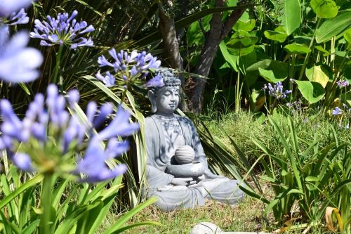a statue in a garden with purple flowers at Taormina Villa Ibiscus Alcantara in Gaggi