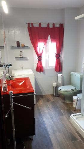 a bathroom with a red sink and a toilet at Casa Rural Lunares y Salinera in Albanchez de Magina