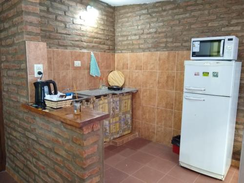 a kitchen with a microwave on top of a refrigerator at Departamento Güemes in San Luis