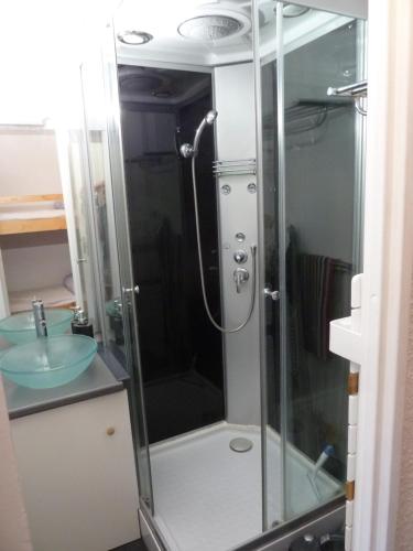 y baño con cabina de ducha y lavabo. en Appartement Duplex 4 pers à Gresse-en-Vercors, en Gresse-en-Vercors