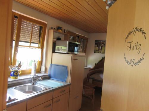 uma cozinha com um lavatório e um frigorífico em Wehrlemartinshof em Simonswald