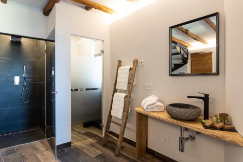 a bathroom with a shower and a sink and a mirror at Agriturismo Il Medeghino in Musso