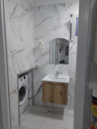 a white bathroom with a sink and a washing machine at Apartman Lile Raca in Ohrid