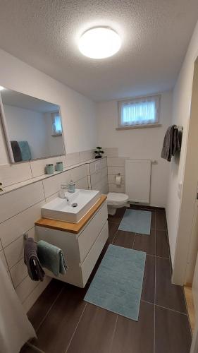 a bathroom with a sink and a toilet and a mirror at Ferienwohnung Esther in Singen