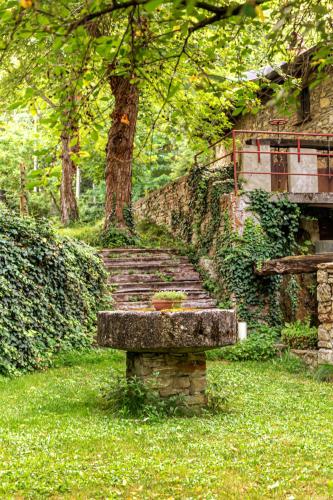 a stone bench in a park with a tree at Mulino del Lentino in Nibbiano