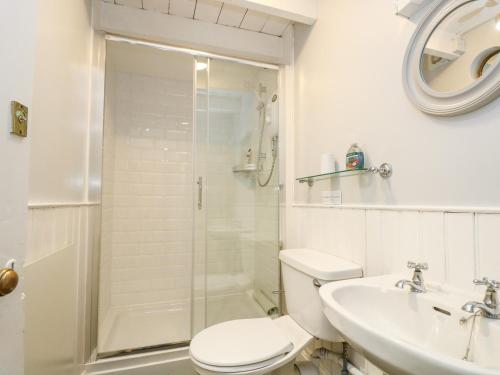a bathroom with a toilet and a sink and a shower at Mole Cottage in Mousehole