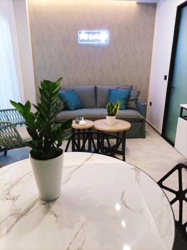 a living room with a couch and a table with a plant at 7Rizes Luxury Living in Heraklio Town