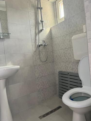 a bathroom with a shower with a toilet and a sink at Pensiunea Eden in Sinaia